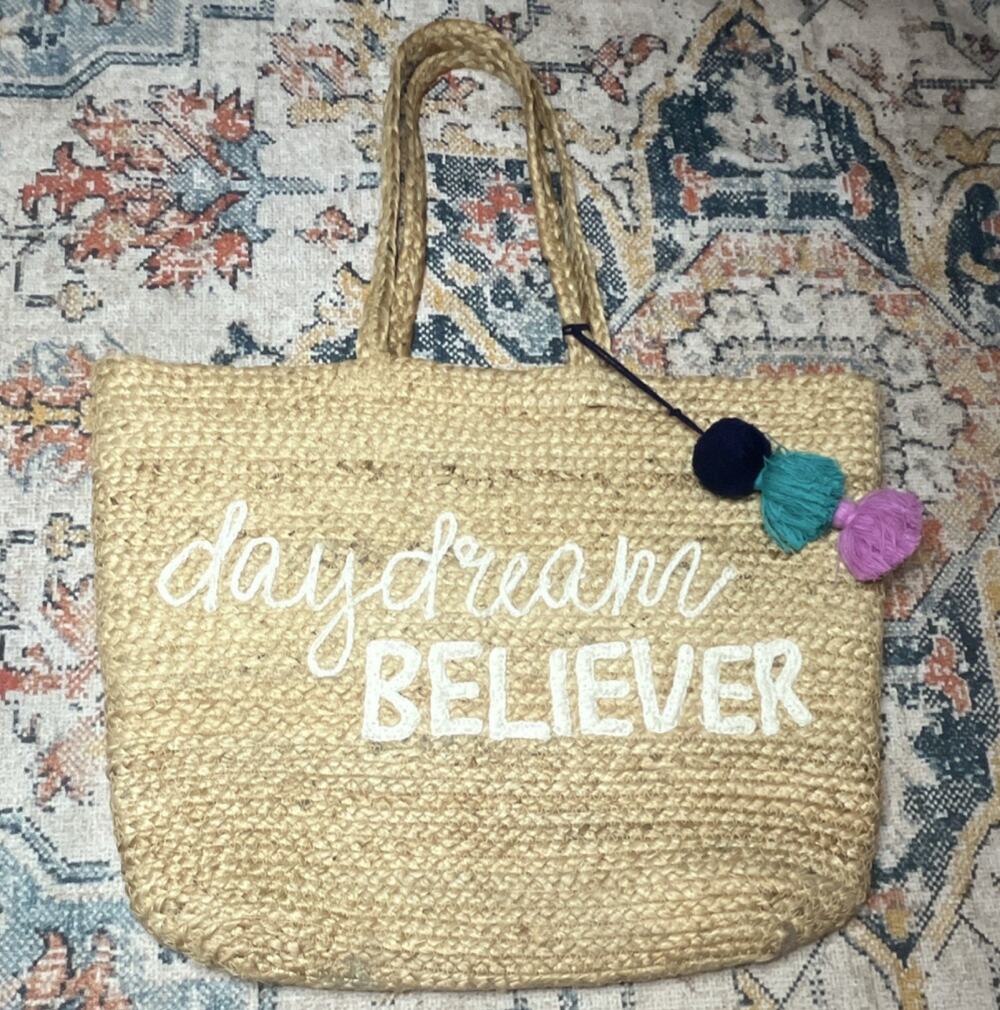 Sugarboo & Co. "Daydream Believer" Embroidered Woven Jute Beach Tote Bag Tassel